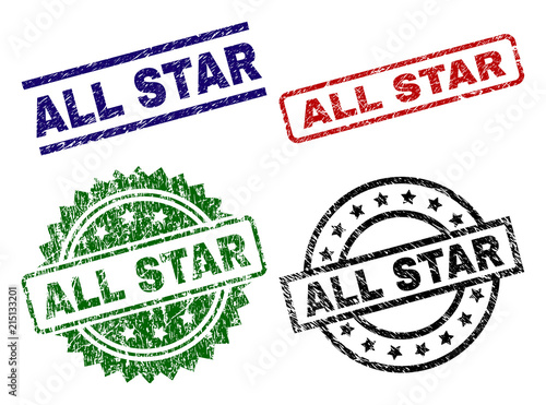 ALL STAR seal prints with corroded texture. Black, green,red,blue vector rubber prints of ALL STAR label with dirty texture. Rubber seals with circle, rectangle, rosette shapes.