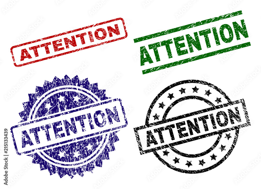 ATTENTION seal prints with distress texture. Black, green,red,blue vector rubber prints of ATTENTION caption with dust surface. Rubber seals with round, rectangle, medal shapes. ATTENTION seal prints with distress texture. Black, green,red,blue vector rubber prints of ATTENTION caption with dust surface. Rubber seals with round, rectangle, medal shapes.