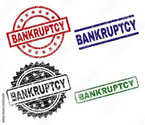 BANKRUPTCY seal prints with corroded texture. Black, green,red,blue vector rubber prints of BANKRUPTCY title with corroded style. Rubber seals with circle, rectangle, medal shapes.