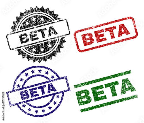 BETA seal prints with damaged texture. Black, green,red,blue vector rubber prints of BETA label with dirty texture. Rubber seals with circle, rectangle, rosette shapes.