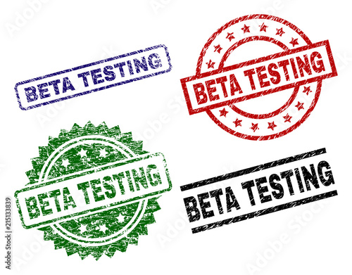 BETA TESTING seal prints with distress style. Black, green,red,blue vector rubber prints of BETA TESTING caption with unclean style. Rubber seals with circle, rectangle, rosette shapes.