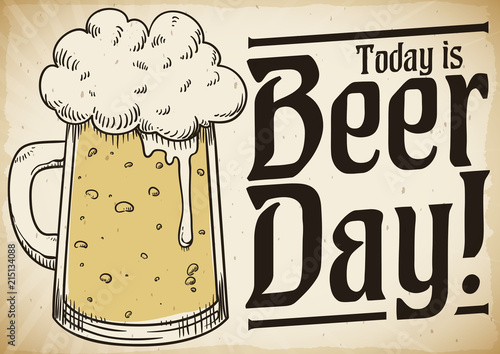 Retro Design for Beer Day Celebration with Hand Drawn Beer, Vector Illustration