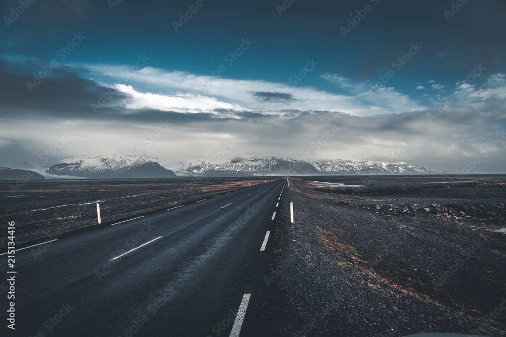 Street Highway Ring road No.1 in Iceland, with view towards mountain. Southern side if the country.
