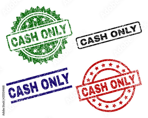 CASH ONLY seal prints with corroded surface. Black, green,red,blue vector rubber prints of CASH ONLY title with dust surface. Rubber seals with round, rectangle, rosette shapes.