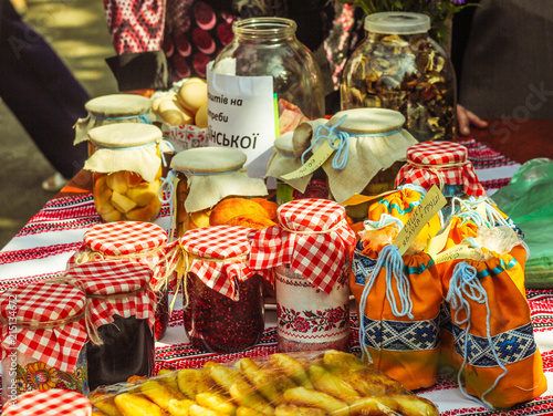 Traditional fruit jam jars a popular preserve sold at country fairs photo