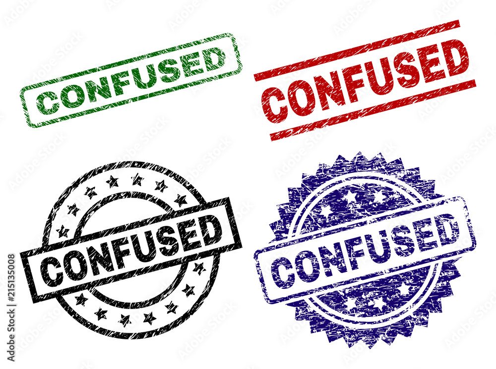 CONFUSED seal prints with corroded texture. Black, green,red,blue vector rubber prints of CONFUSED title with grunge texture. Rubber seals with circle, rectangle, rosette shapes. CONFUSED seal prints with corroded texture. Black, green,red,blue vector rubber prints of CONFUSED title with grunge texture. Rubber seals with circle, rectangle, rosette shapes.