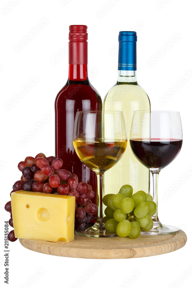 Red wines wine cheese portrait format isolated on white