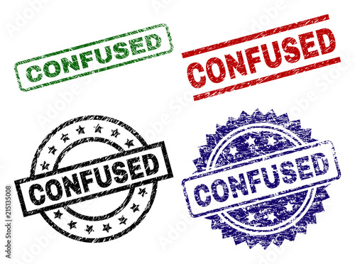 CONFUSED seal prints with corroded texture. Black, green,red,blue vector rubber prints of CONFUSED title with grunge texture. Rubber seals with circle, rectangle, rosette shapes.