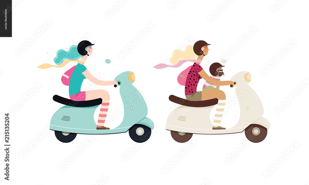 Girl on a scooter - two flat vector concept illustrations of a girl wearing helmet riding a scooter, a french bulldog on her lap wearing small helmet Girl on a scooter - two flat vector concept illustrations of a girl wearing helmet riding a scooter, a french bulldog on her lap wearing small helmet