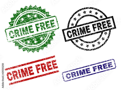 CRIME FREE seal prints with distress texture. Black, green,red,blue vector rubber prints of CRIME FREE tag with retro texture. Rubber seals with round, rectangle, medal shapes.