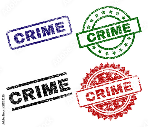 CRIME seal prints with damaged surface. Black, green,red,blue vector rubber prints of CRIME text with corroded surface. Rubber seals with circle, rectangle, medal shapes.