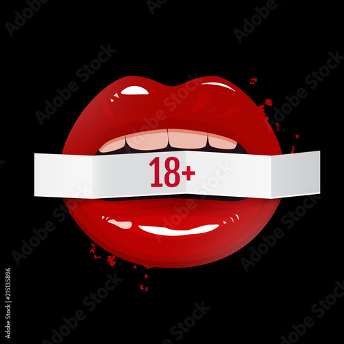 18+ adult sign in red lips shape, vector illustration