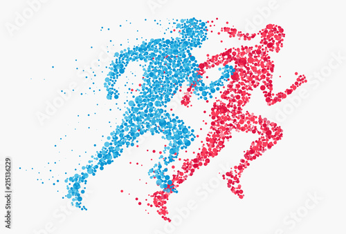 Abstract silhouette running man and woman of flying particles isolated on white background. Healthy lifestyle concept. Vector illustration.