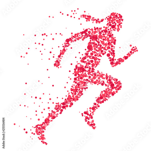 Abstract silhouette running woman of flying red particles isolated on white background. Healthy lifestyle concept. Vector illustration.