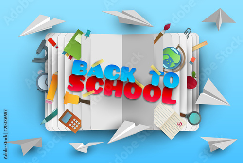 Back to school banner in paper cut cartoon trendy craft style. Modern origami teaching, education and learning symbol design. Concept background with open book. Vector illustration.