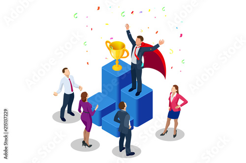 Isometric winner business and achievement concept. Business success. Big trophy for businessmen.