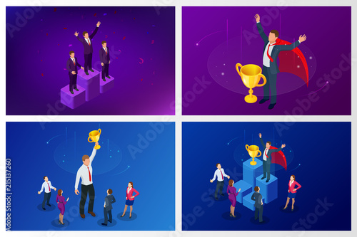 Isometric winner business and achievement concept. Business success. Big trophy for businessmen.