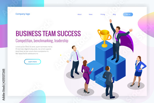 Isometric winner business and achievement concept. Business success. Big trophy for businessmen.