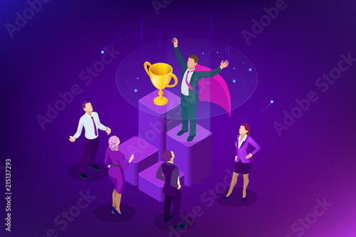 Isometric winner business and achievement concept. Business success. Big trophy for businessmen.