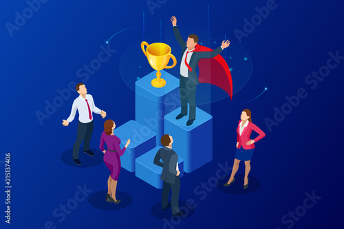 Isometric winner business and achievement concept. Business success. Big trophy for businessmen.