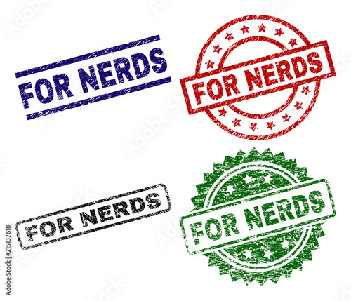 FOR NERDS seal prints with damaged texture. Black, green,red,blue vector rubber prints of FOR NERDS text with dust texture. Rubber seals with circle, rectangle, medal shapes.