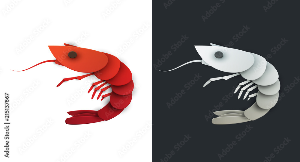 Shrimp in trendy paper cut craft graphic style. Cartoon sea animal. Modern design for advertising, branding greeting card, cover, poster, banner. Vector illustration. Shrimp in trendy paper cut craft graphic style. Cartoon sea animal. Modern design for advertising, branding greeting card, cover, poster, banner. Vector illustration.