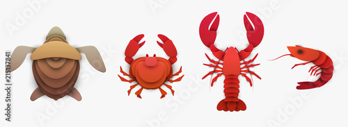 Set of sea animals in trendy paper cut craft graphic style. Turtle, lobster, shrimp, crab. Modern design for advertising, branding greeting card, cover, poster, banner. Vector illustration.