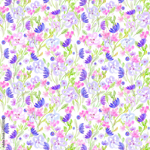 Seamless pattern: watercolor and gold ballpoint pen hand drawn flowers on a white isolated background