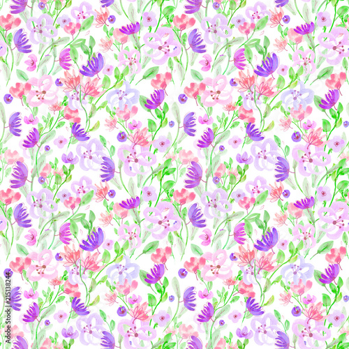 Seamless pattern: watercolor and gold ballpoint pen hand drawn flowers on a white isolated background