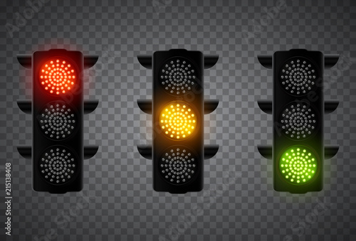 Realistic 3d led traffic lights isolated on transparent background. Vector illustration.