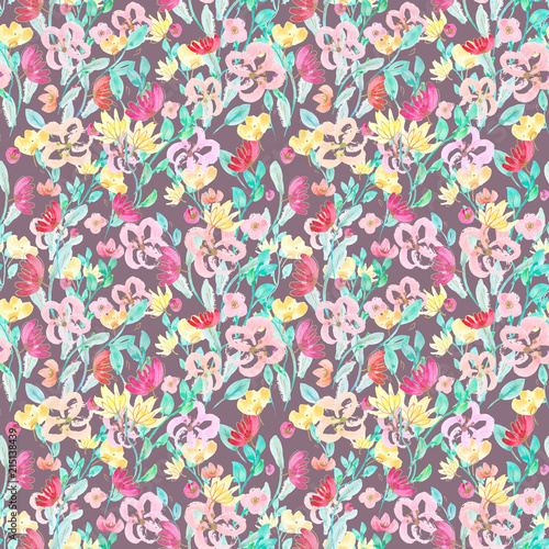 Seamless pattern: watercolor and gold ballpoint pen hand drawn flowers on a purple gray isolated background