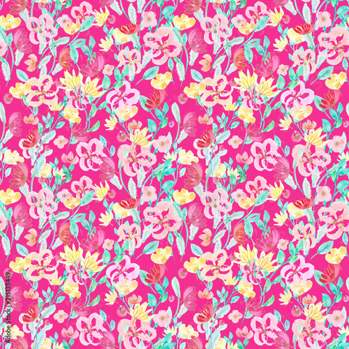 Seamless pattern: watercolor and gold ballpoint pen hand drawn flowers on a pink isolated background