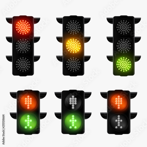 Realistic 3d led traffic lights isolated on white background. Vector illustration.