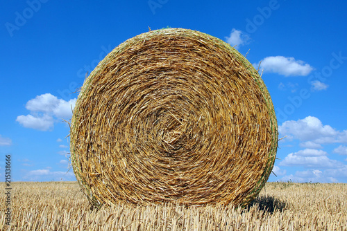 Round bale of straw on a stubble field and blue sky