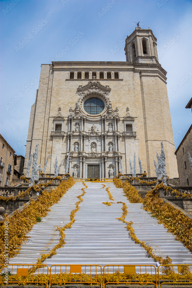 The stairs of the Cathedral on the Plaza de Catedral in Girona, Spain.