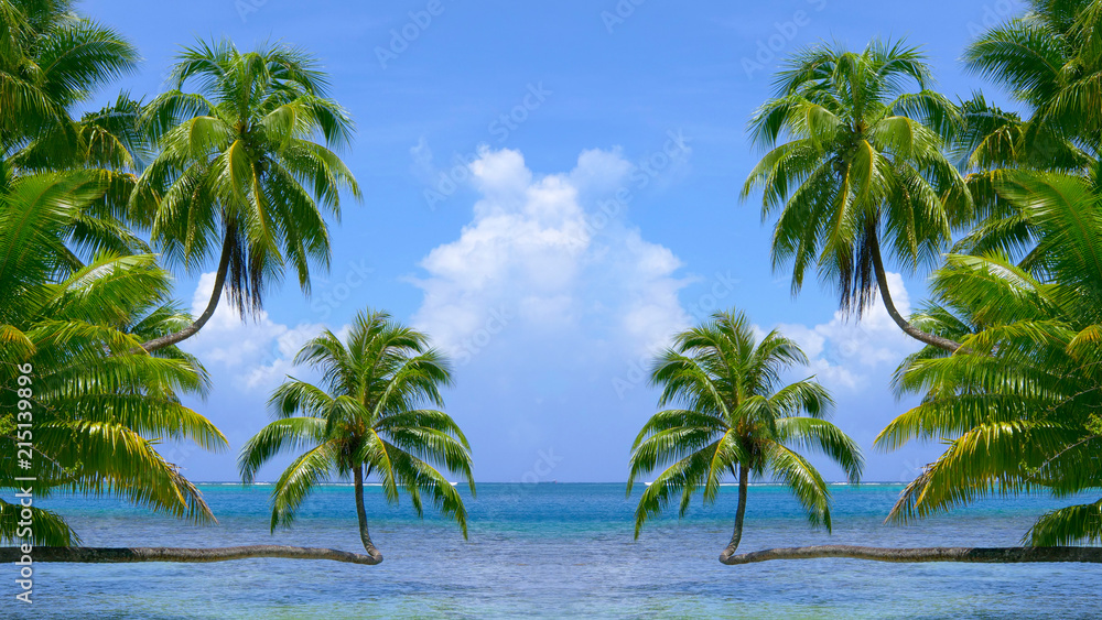 Picturesque tropical seascape with palm trees and the endless turquoise sea.