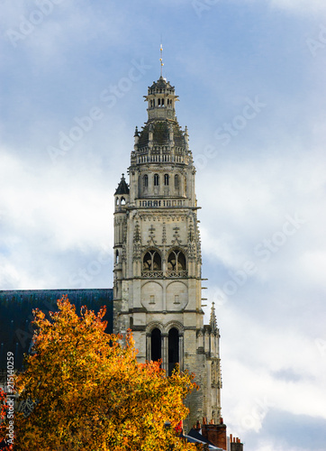 Gothic cathedral of Saint Gatien in Tours and autumnal tree. (Val de Loire, France) photo