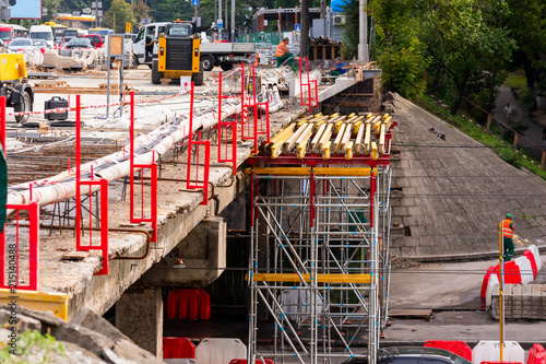 road repair with installed scaffolding  horizontal frame