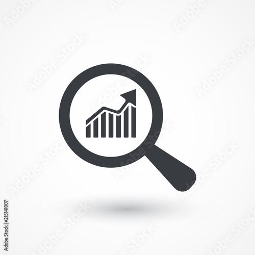 Business Analysis symbol with magnifying glass icon and rising bars chart