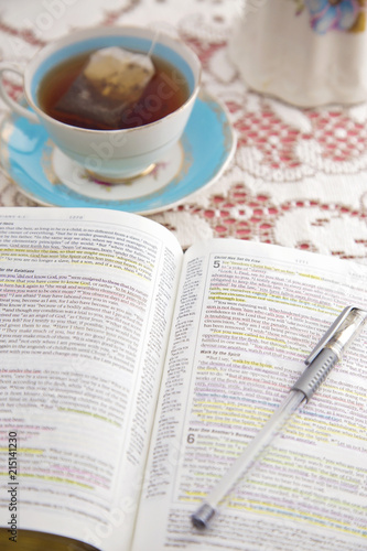 Bible Set Out with Tea for a Ladies Bible Study photo