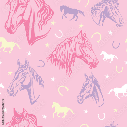 Seamless pink pattern with horses