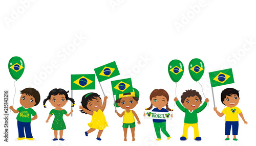 children holding Brazil flags. Vector illustration