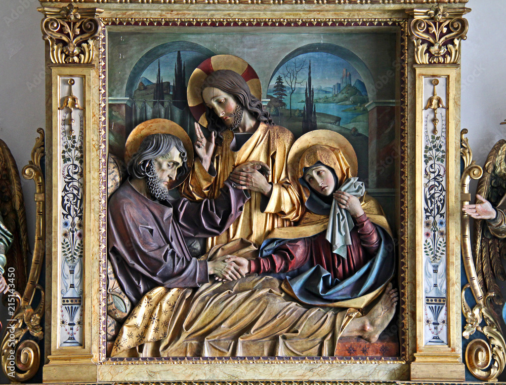 morte di San Giuseppe; rilievo in legno nella Chiesa abbaziale di Sant'Agostino a Gries, Bolzano