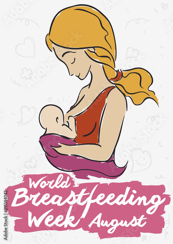 Young Blond Haired Mother Celebrating World Breastfeeding Week, Vector Illustration