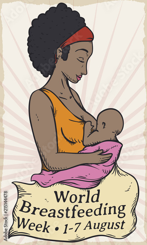 Brunette Mom with Baby Celebrating World Breastfeeding Week, Vector Illustration
