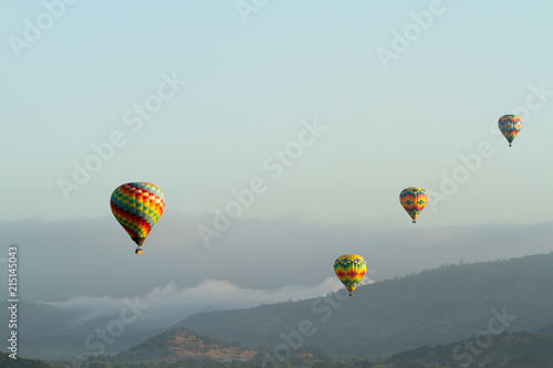 Multiple hot air balloons over Napa Valley at dawn