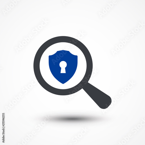 Magnifying glass with keyhole on shield icon over white background