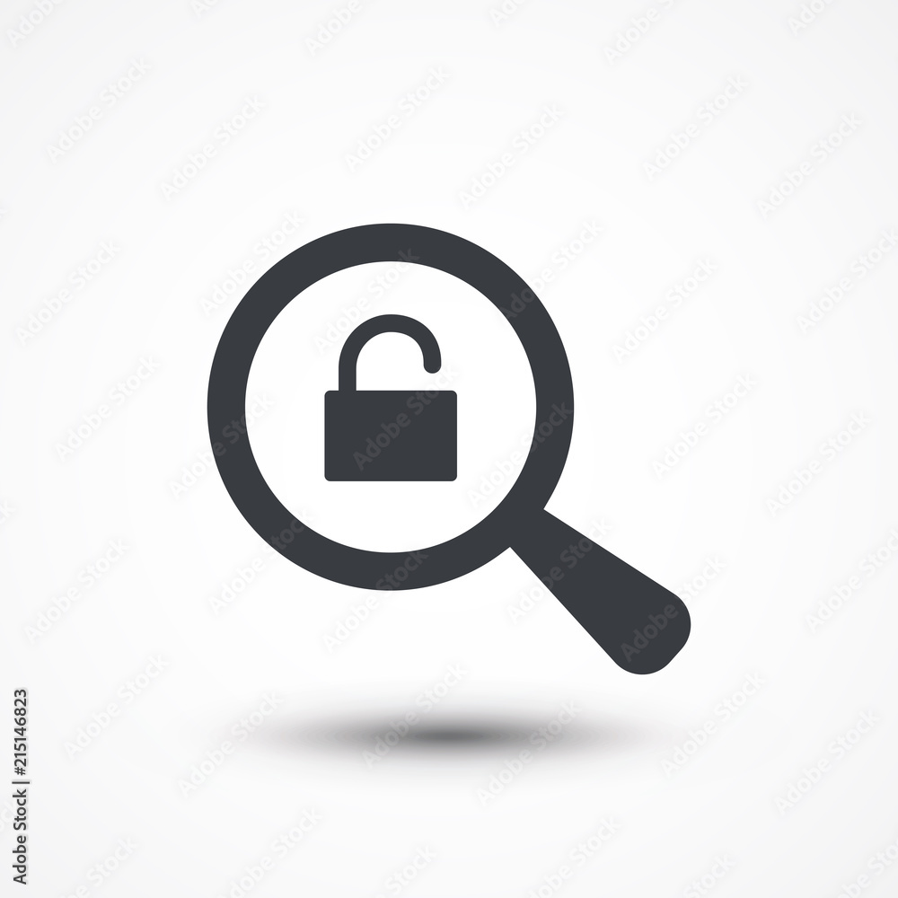 Magnifying glass with opened padlock icon and on white background Magnifying glass with opened padlock icon and on white background