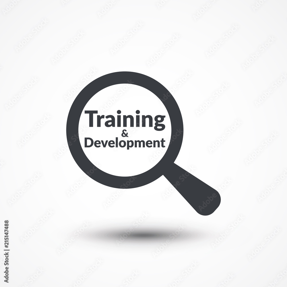 Magnifying glass with words training and development on white background Magnifying glass with words training and development on white background