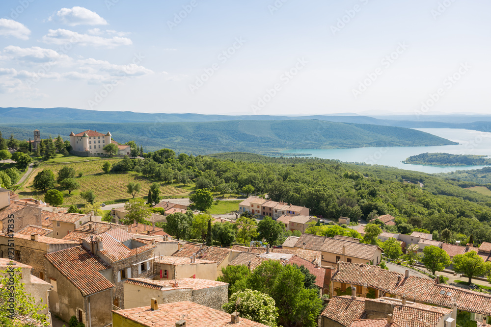 Panorama of Aiguines and its castle above lake sainte croix